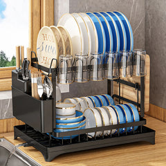 2 Tier Dish Bowl Drainer Storage Rack Kitchen Dish Drying Rack with Drain Basket Rust-Proof Countertop Dinnerware Organizer