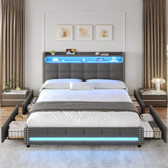 Full Bed Frame with Storage Headboard and 4 Drawers, Tufted Bed Frame with Charging Station and Led Lights，Led Bed Frame