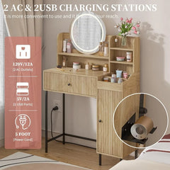 Fluted Makeup Vanity Desk with Mirror and Lights Modern Drawer Storage LED Table Power Outlet Small for Bedroom Dressing