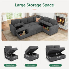 Modular Sectional Sleeper Sofa Bed, Corduroy Pull Out Couch with Storage Ottoman, U Shaped Sectional Couches for Living Room