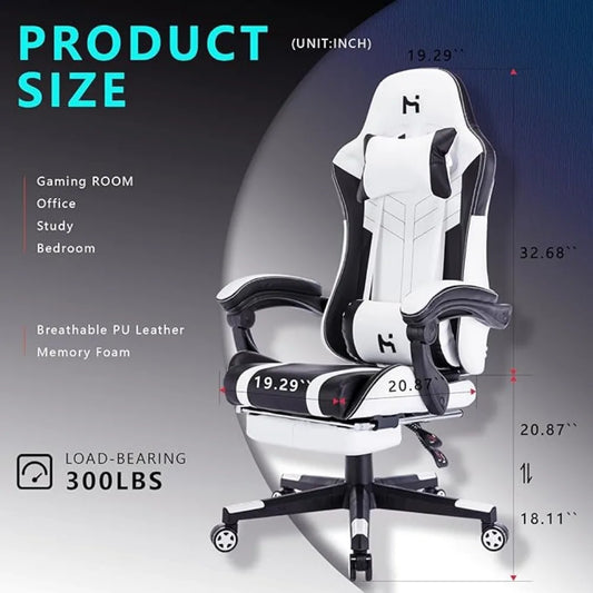 Game Office Chair with Footstool, Adjustable Height and Angle, 360 ° Rotating Ergonomic Game Chair