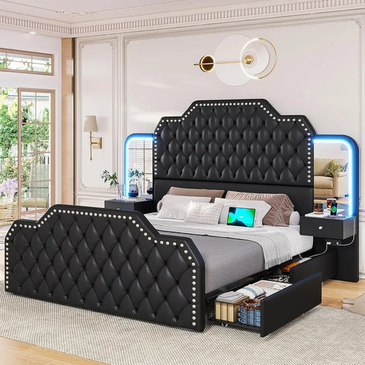 Queen Size 53” Tall Platform Bed Frame with 4 Storage Drawers, PU Leather Upholstered with Deep Black