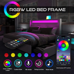 Full Bed Frame with RGBW LED Lights Headboard & 4 Storage Drawers, Upholstered Smart Platform Bed with USB & USB-C Ports