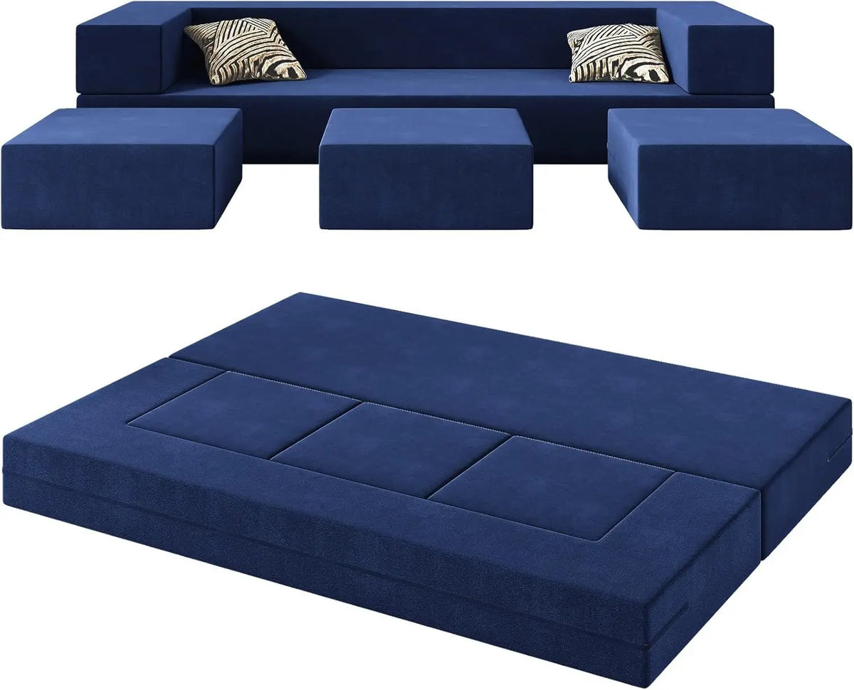 80'' Folding Bed Couch, Foam Floor Sofa with 3Ottomans& Washable Velvet Cover,Modular Sectional Sofa Futon Sleeper Convertible