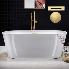 Acrylic Freestanding Bathtub Contemporary Soaking White Tub with Brushed Gold Overflow and Drain Easy to clean bathtub