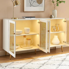 Grayish-White Storage Cabinet Sideboard Large Buffet with LED Light, for Dining Room, Living Room 61.7"x15.8"x35"H