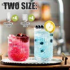 8 Pieces 14/12OZ Art Deco Cocktail Glass Highball Ribbed Glass Drinking Glass Set Unique Glassware Beverage Iced Coffee Cup Set