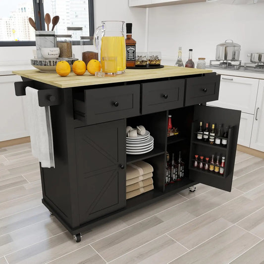 Kitchen Cart on Wheels with Drop Leaf,Rolling Kitchen Island with Storage Cabinet and 3 Drawers,Spice Rack,Towel Rack