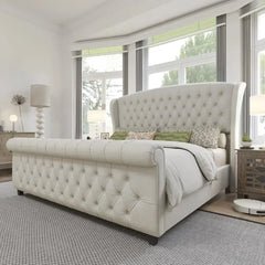 King Size Platform Bed Frame Chenille Upholstered Sleigh Bed with Scroll Wing Back Headboard & Foot Board Button Tufted Cream