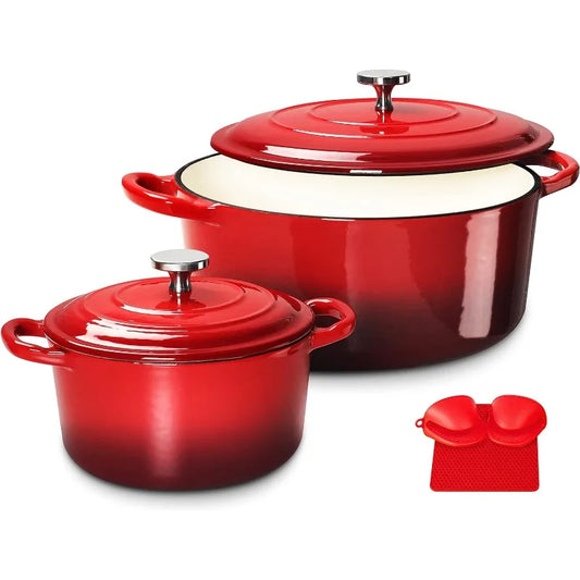 Enameled Cast Iron Dutch Oven Set with Lids, 2pcs Cast Iron Pot, 6QT & 1.5QT Enamel Cookware Pot, Red