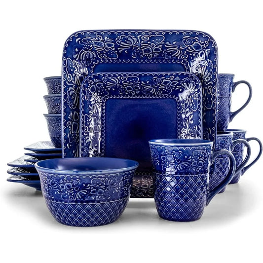 Contemporary Square Embossed Stoneware Dinnerware Dish Set, 16 Piece, Indigo Blue