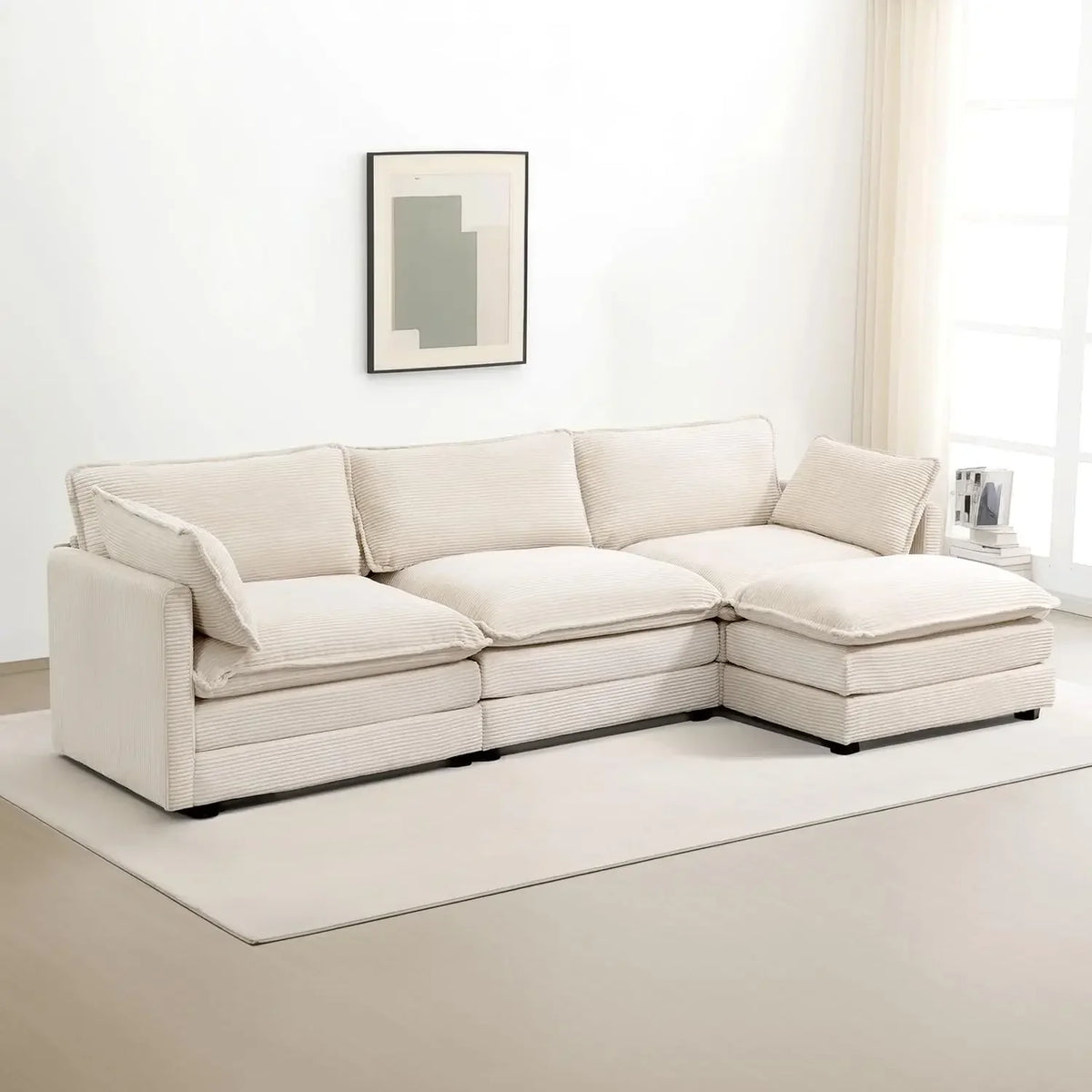 Movable Ottoman, 112 Inch 4 Seat Modern Corduroy Sofa Set, Convertible L Shaped Couch for Living Room and Office, Beige