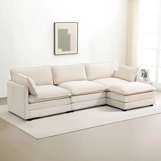 Movable Ottoman, 112 Inch 4 Seat Modern Corduroy Sofa Set, Convertible L Shaped Couch for Living Room and Office, Beige