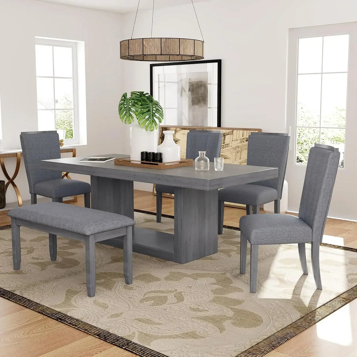 Dining Table Set for 6, Extendable Pedestal Dining Table W 4 Upholstered Chairs, 78 Inch Dining Table Set, 6 Pcs