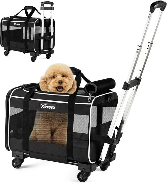 Cat Dog Carrier with Wheels Airline Approved Rolling Pet Carrier with Telescopic Handle, Black, Shoulder Strap and Pet Carrier