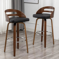 Bar Stools Set of 2, Swivel Bar Height Stools with Low Back, Wood Bar Chairs with Soft Cushion Seat, 30.31-Inch Seat Height