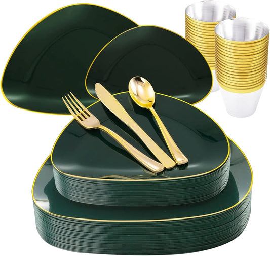 180Pcs Green Plastic Plates, Green Gold Disposable Plates with Gold Tableware Gold Dinnerware Set