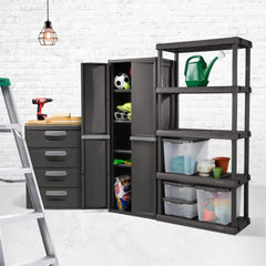 4 Shelf Cabinet, Heavy Duty and Easy to Assemble Plastic Storage Unit, Organize Bins in the Garage, Basement, Attic