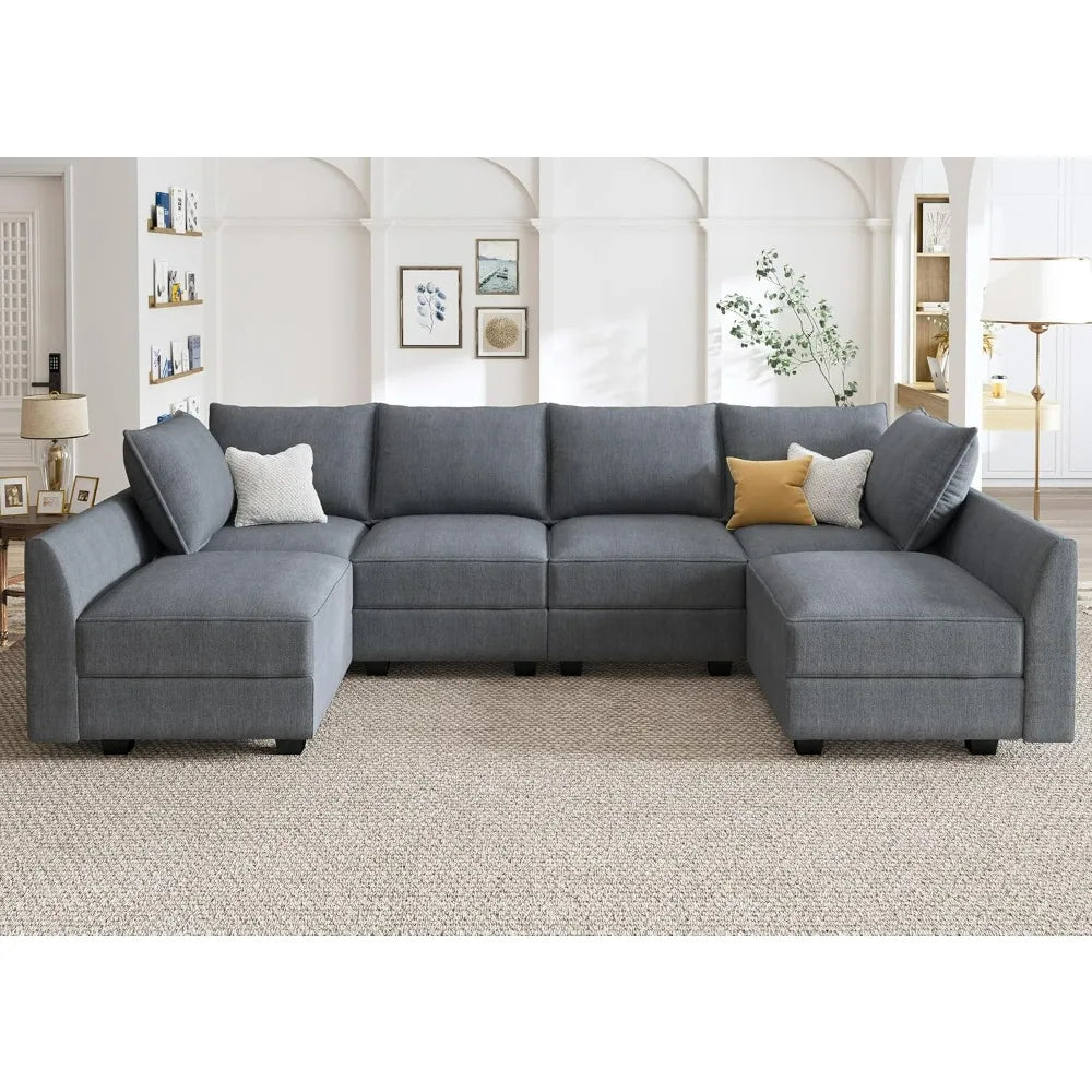 Couch, U-Shaped Modular Sectional Sofa, Sectional Couch with Storage Seats U Shape Sofa-2, Bluish Grey Sofa