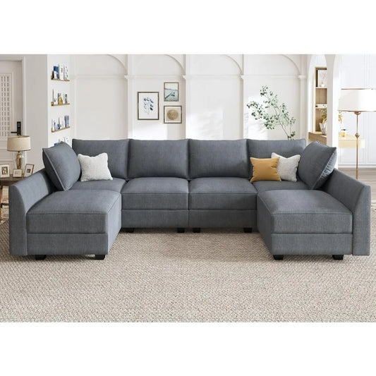 Couch, U-Shaped Modular Sectional Sofa, Sectional Couch with Storage Seats U Shape Sofa-2, Bluish Grey Sofa