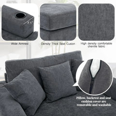 Indoor Oversized Chaise Lounger, Chenille Fabric Sleeper Sofa Couch with Pillows, Charge Station & Cup Holders