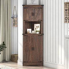 Farmhouse Corner Cabinet, 5-Tier Tall Storage Cabinet with Barn Doors & Adjustable Shelves, Corner Storage Cabinet, White/ Brown