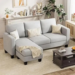 Sectional Sofa Couch, 3 Seat L-Shaped Sofa with Linen Fabric, Movable Ottoman Small Couch for Small apartments