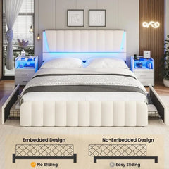 Full Size Bed Frame with Headboard and 4 Storage Drawers, Full Bed Frame with Led Lights & 2 USB Ports, Bed Frame