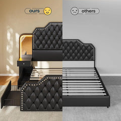 Queen Size 53” Tall Platform Bed Frame with 4 Storage Drawers, PU Leather Upholstered with Deep Black