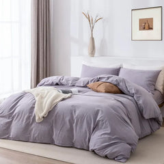 Duvet Cover Set- 100% Washed Cotton 3 Pcs Soft Comfy Breathable Chic Linen Feel Bedding, 1 Duvet Cover and 2 Pillow Shams