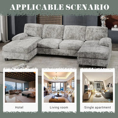 Convertible Sectional Sofa Couch, 4 Seat Set for Living Room U-Shaped Modern Fabric Modular Sofa Sleeper with Double Chaise