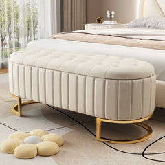 Upholstered Velvet Storage Ottoman,Storage Bench with Metal Legs and Button-Tufted for Bedroom,Living Room