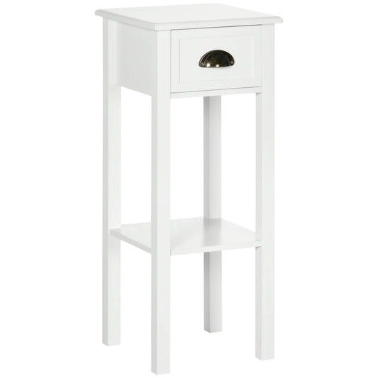 2-Tier End Accent Side Table with Drawer & Shelf for Living Room or Office, White