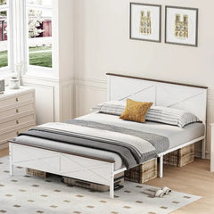 Queen Size Bed Frame with Headboard and Footboard, Under Bed Storage, Sturdy & Stable, Farmhouse Metal Platform Bed Frame