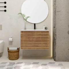 Floating Bathroom Vanity with Sink Combo Mid-Century Wall Mounted Cabinet Set with Wood Stripes, Drawers