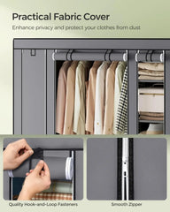 Closet Wardrobe Portable Closet Bedroom Clothes Rail with Non-Woven Fabric Cover Clothes Storage Organizer 12 Compartments Gray