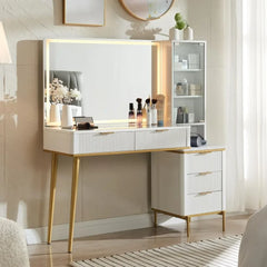 Fluted Makeup Vanity Desk with 36" HD Lighted Mirror,Vanity Desk with Mirror and Lights, Dressing Table with 5 Drawers & Shelves