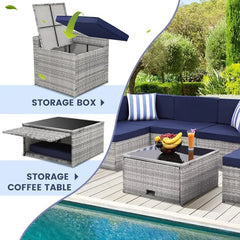 8PCS Outdoor Wicker Rattan Patio Furniture Sectional Set with Hidden Storage 7 Sofa Sections Oversized Cushions