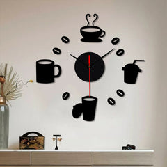 Home 3D Mirror Wall Clock Self Adhesive Modern Mute Acrylic Art Analog Kitchen DIY Coffee Cups Decor Waterproof Wall Decoration