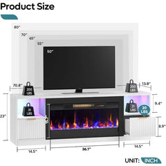 70” Fireplace TV Stand for TVs Up to 80", LED Entertainment Center with 36" Electric Fireplace, Modern Fluted Media Cons