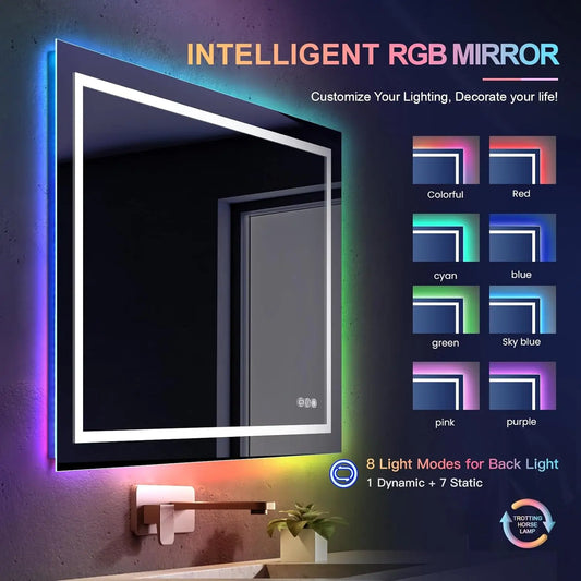 Inch RGB LED Bathroom Mirror with Lights Anti-Fog DimmableMemory Smart Lighted Makeup Mirror Wall-Mounted Bathroom