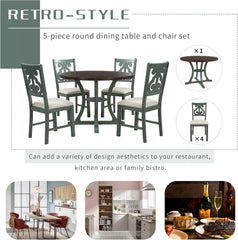 5-Piece Farmhouse Dining Table Set Wood Round Extendable Dining Table and 4 Upholstered Dining Chairs