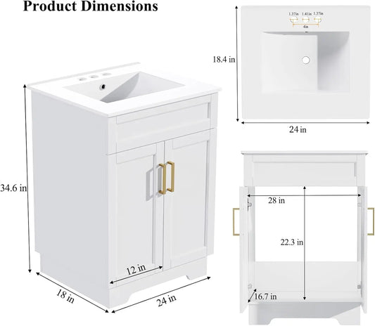 Vanity with Ceramic Sink, Bathroom Vanity Cabinet with 2 Doors, 24 Inches Wooden Bathroom Sink Cabinet, White