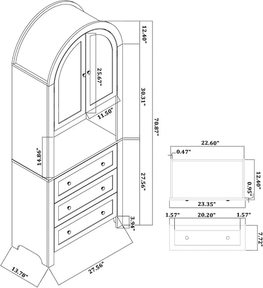 71” Tall Arched Storage Cabinet with Drawer,Farmhouse Arched Bookcase with Door,Freestanding Arched Tall Pantry with Countertop