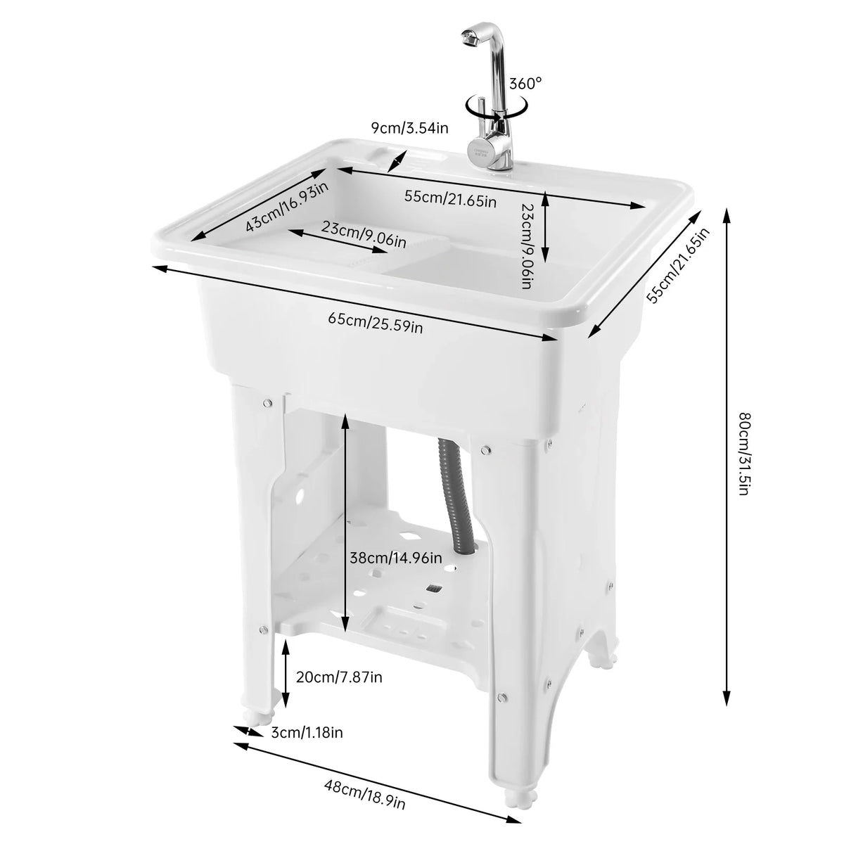 Freestanding Utility Sink w/ Washboard Floor Mount Hot + Cold Faucet Kit White Durable Laundry Sink Wash Bowl Basin Faucet Drain