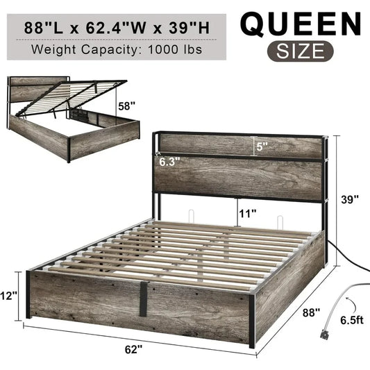 Queen Size Lift Up Storage Bed Frame, Wooden Platform Bed Frame with Lifting Storage & Charging Station, No Spring Box Needed