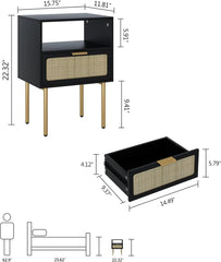 Rattan Nightstand with Charging Station, 2 Drawer Dresser for Bedroom, Small Bedside Table with 2 Drawers, Night Stand,