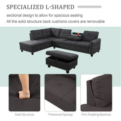 Sectional Sofa with Ottoman Nail-Head Design Linen Right Facing Modern Couches with Cup Holder L Shaped Sectional Sofa