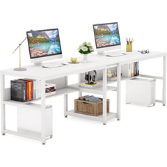 Two Person Desk with Bookshelf, 78.7 Computer Office Double Desk for Two Person, Rustic Writing Desk Workstation