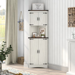 Farmhouse Corner Cabinet, 5-Tier Tall Storage Cabinet with Barn Doors & Adjustable Shelves, Corner Storage Cabinet, White/ Brown